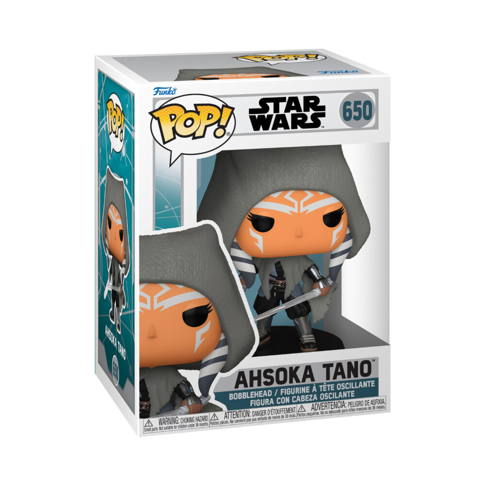 Front view of the Star Wars Ahsoka Tano Funko Pop collectable bobblehead vinyl figure #650 in its original packaging.