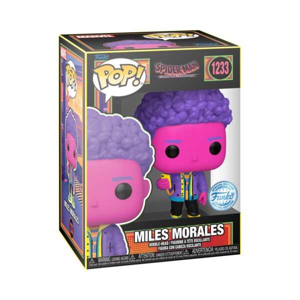 Swing into action with Funko Pop Spider-Man Across The Spider Verse - Miles Morales. This exclusive, black light edition hero is exploring the threads of the multiverse web with his team of spider friends.