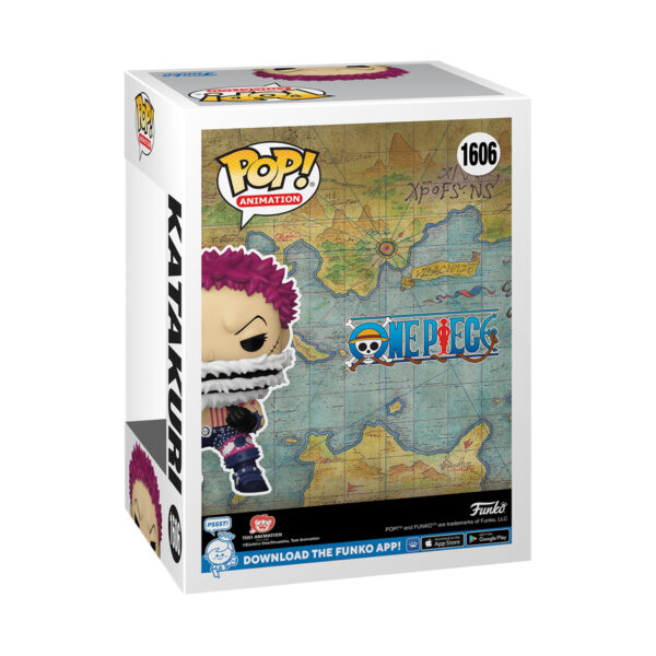 Back view of the packaging for the One Piece Katakuri Funko Pop collectable animation vinyl figure #1606, displaying box details.