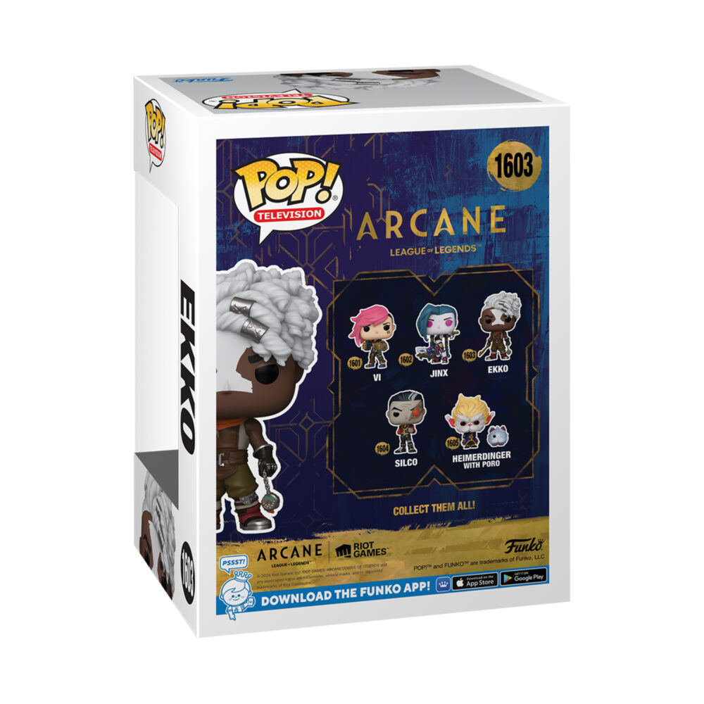 Rear view of the packaging for Funko Pop Ekko #1603 from Arcane League of Legends, showcasing additional product details