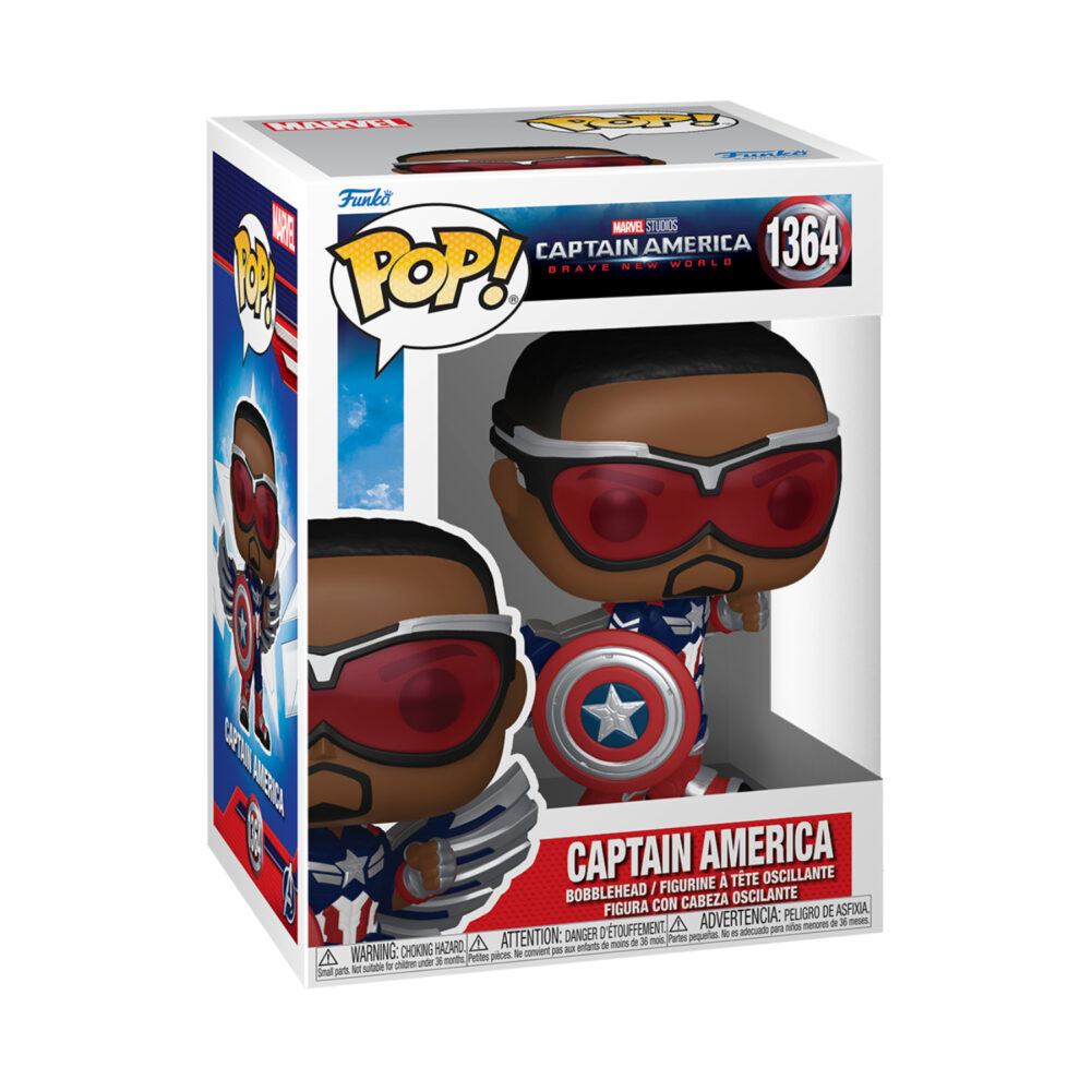 Front view of the Marvel Captain America Sam Wilson Funko Pop collectable Brave New World bobblehead Figure #1364 in its original packaging.