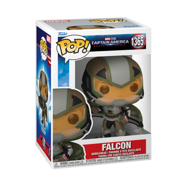 Front view of the Marvel Captain America Falcon Funko Pop collectable Brave New World Joaquin Torres bobblehead Figure #1365 in its original packaging.