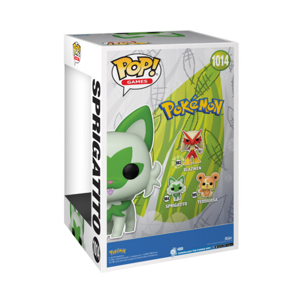 Back view of Sprigatito Jumbo Funko Pop vinyl figure from Pokémon in its window display box.