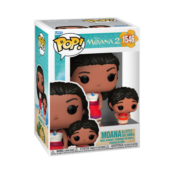 Front view of Moana and Little Sis Simea Funko Pop duo from Moana 2 in a window display box.