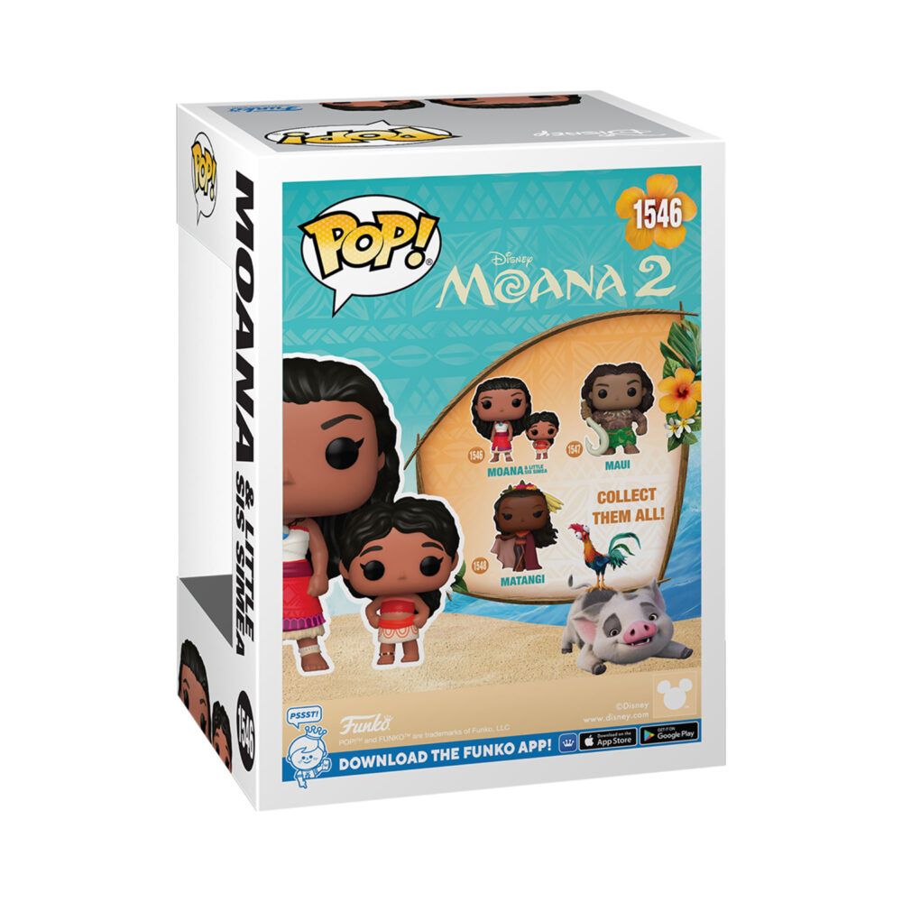 Back view of Moana and Little Sis Simea Funko Pop duo from Moana 2 in a window display box.