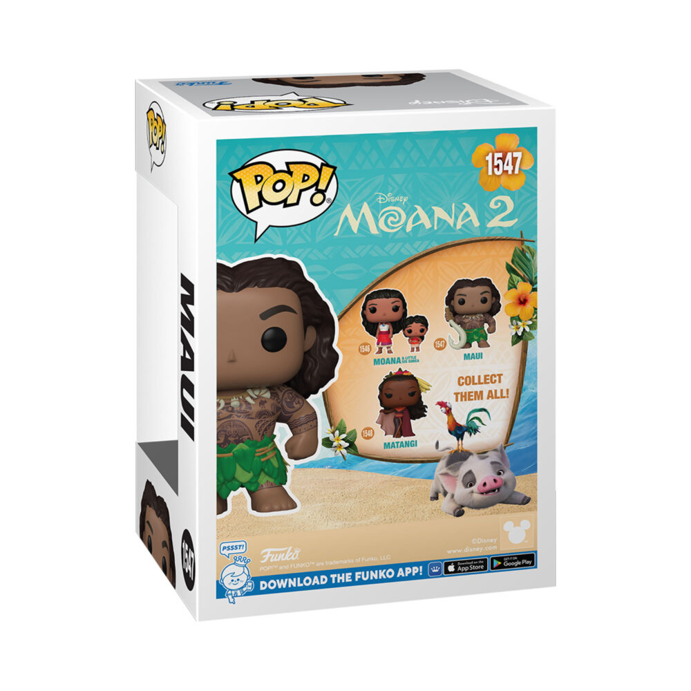 Back view of Maui With Fish Hook Funko Pop vinyl figure from Moana 2 in its window display box.