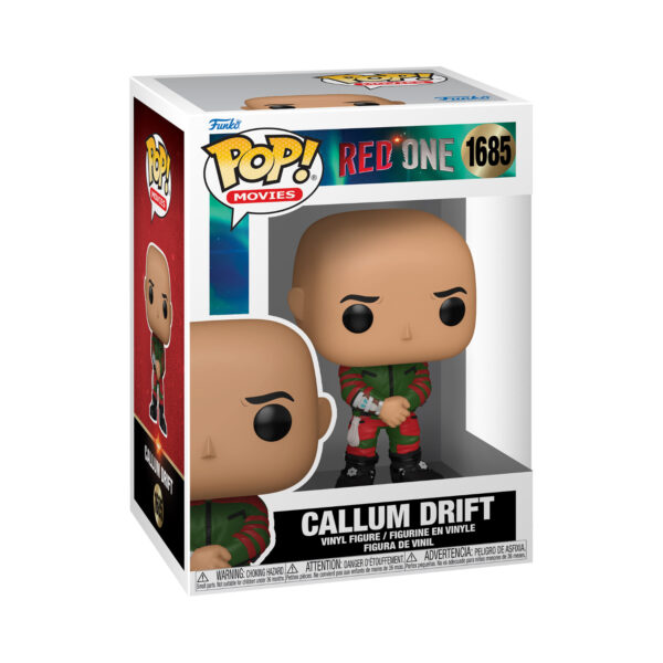 Front view of Callum Drift Funko Pop vinyl figure from Red One in its window display box.