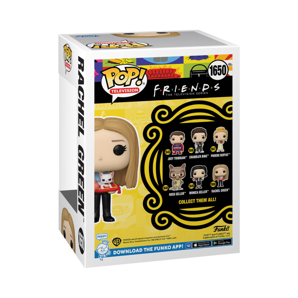 Back view of Friends Rachel Green Funko Pop packaging featuring Mrs. Whiskerson.