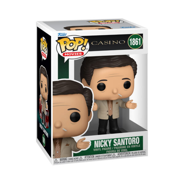 Front view of the Casino - Nicky Santoro Funko Pop Vinyl Figure in its window display box, featuring his bold design.