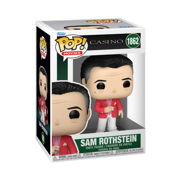 Front view of the Casino - Sam Rothstein Funko Pop Vinyl Figure in its window display box, showcasing his sleek design and attire.