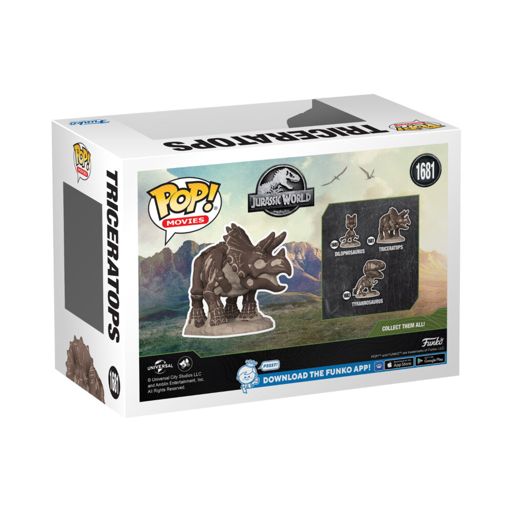 Back view of the Jurassic Park Triceratops Fossil Funko Pop Vinyl Figure packaging with details.