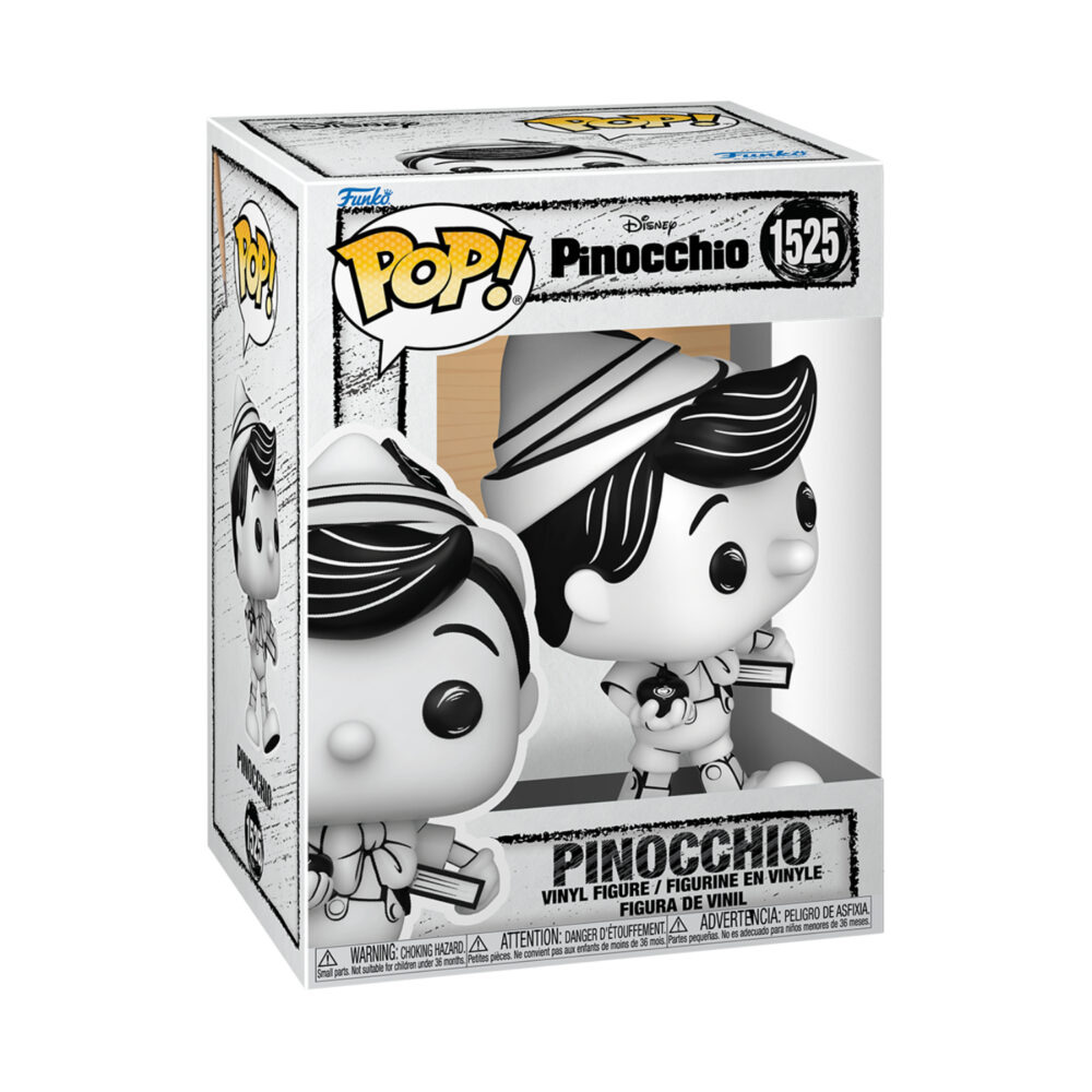 Front view of the Pinocchio Sketched Funko Pop Vinyl Figure in a window display box.