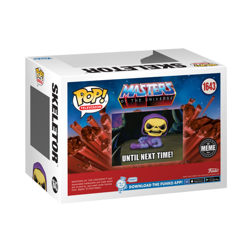 Back view of the Skeletor Facts Meme Funko Pop Vinyl Figure, showing the box’s detailed design and product features.