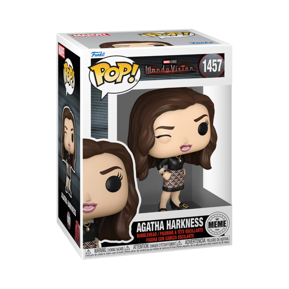 Front view of the Agatha Harkness Meme Funko Pop bobblehead in a window display box.