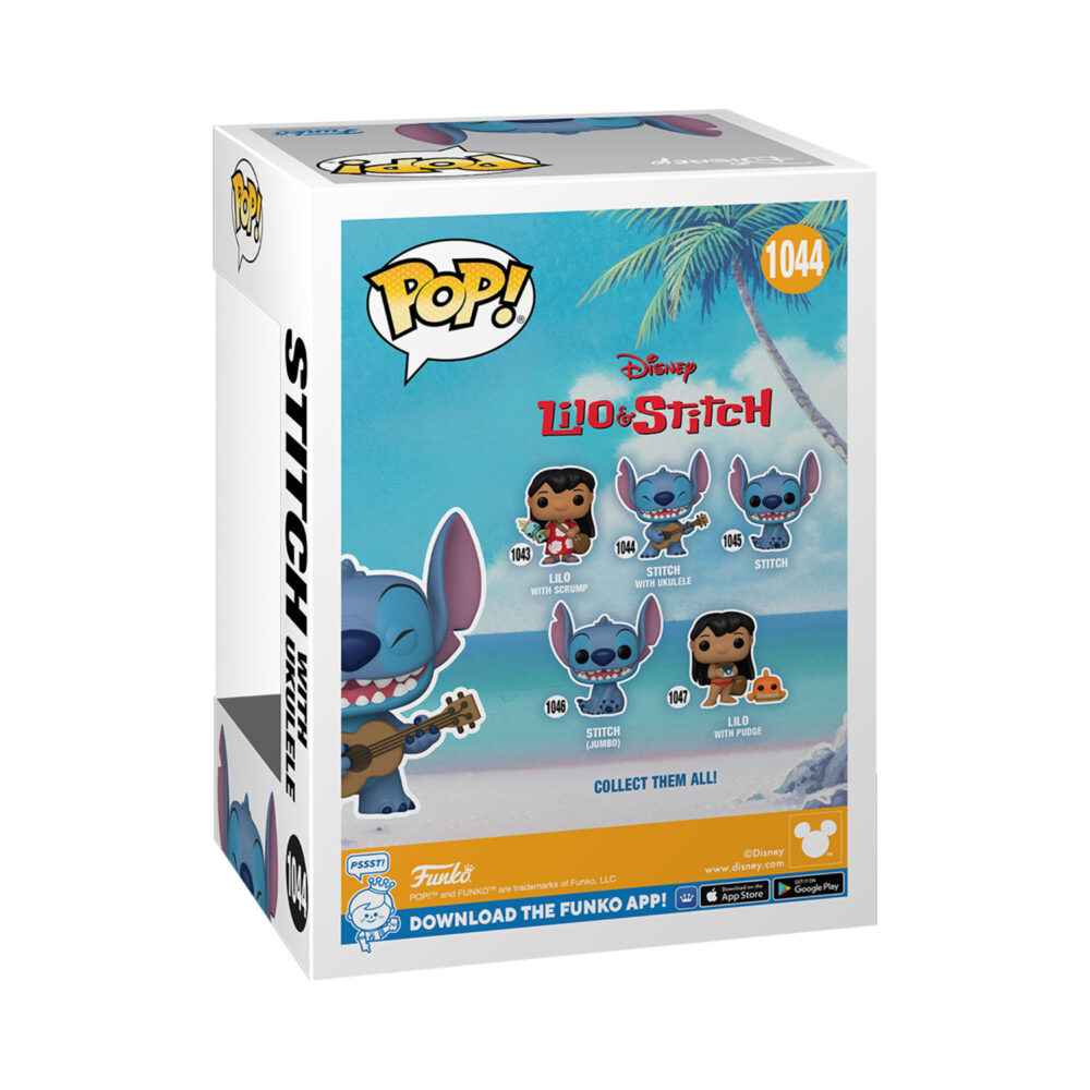 Back view of the Disney Lilo & Stitch Stitch with Ukulele Funko Pop Vinyl Figure in its box packaging.