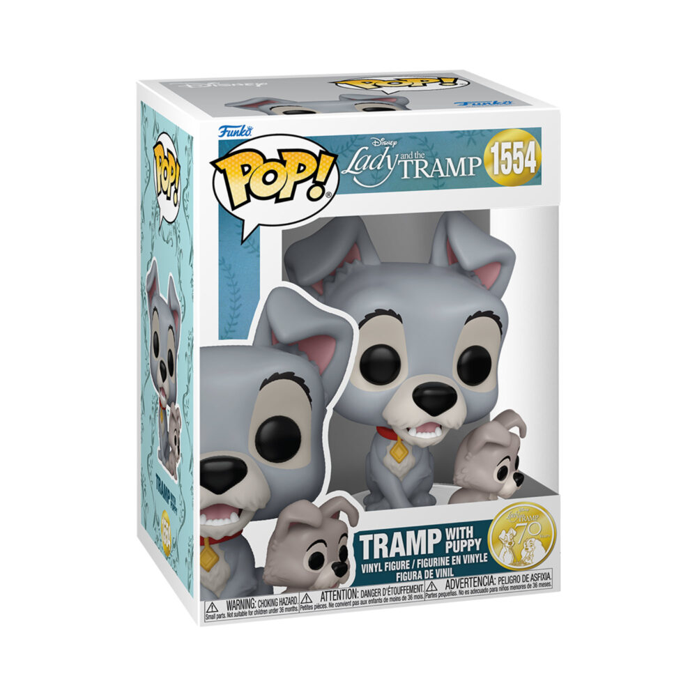Front view of Funko Pop Tramp with Puppy #1554 figure from Disney's Lady and the Tramp inside its original packaging