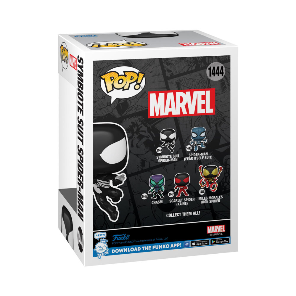 Back view of the Symbiote Suit Spider-Man Funko Pop Vinyl Figure, showcasing the detailed box design and product information.