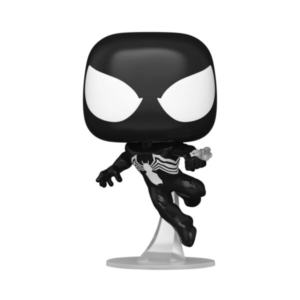 Symbiote Suit Spider-Man Funko Pop Vinyl Figure unboxed, standing upright to display its sleek black suit and striking white emblem.