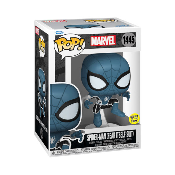 Front view of the Spider-Man Fear Itself Suit Glows in the Dark Funko Pop Vinyl Figure, packaged in its window display box.