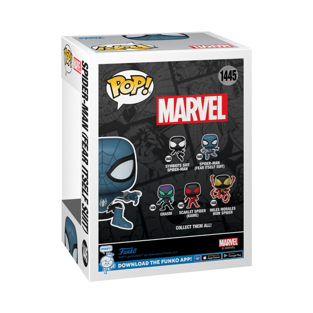 Back view of the Spider-Man Fear Itself Suit Glows in the Dark Funko Pop Vinyl Figure, showcasing the detailed box design.