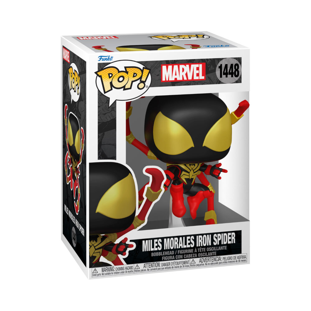 Front view of the Marvel Miles Morales Iron Spider Funko Pop Bobble Head in its window display box.