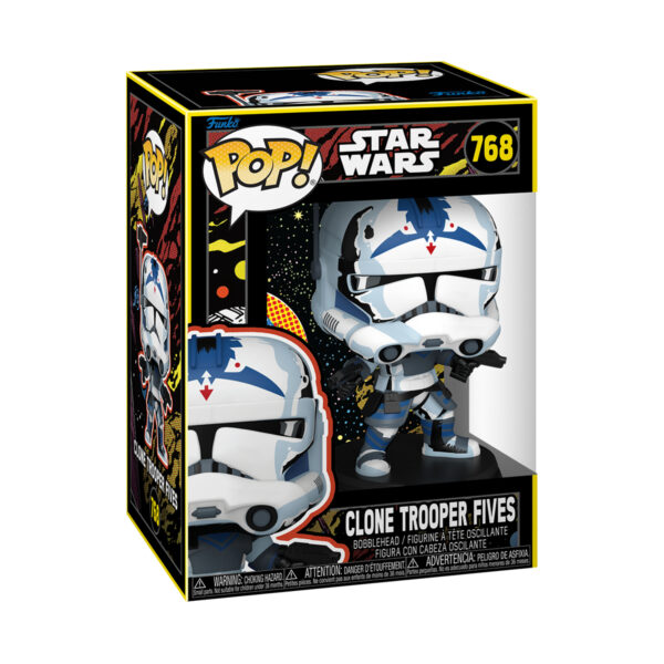 Front view of the Star Wars Funko Pop Clone Trooper Fives Retro collectible bobblehead vinyl figure #768 in original packaging.