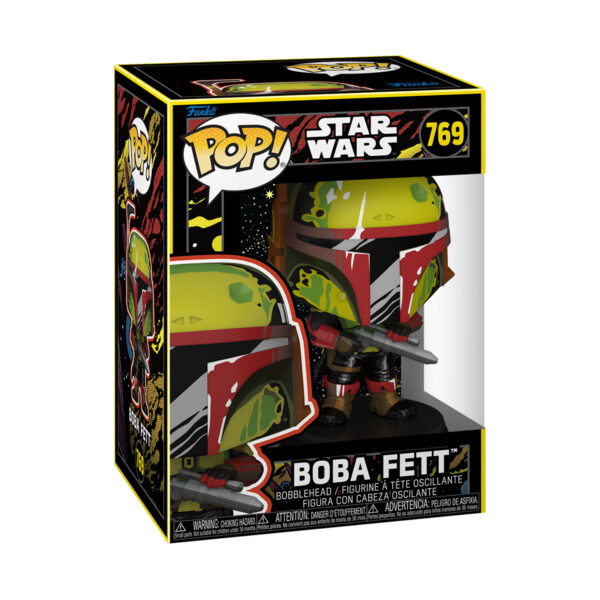 Front view of the Star Wars Funko Pop Boba Fett Retro collectible bobblehead vinyl figure #769 in original packaging.