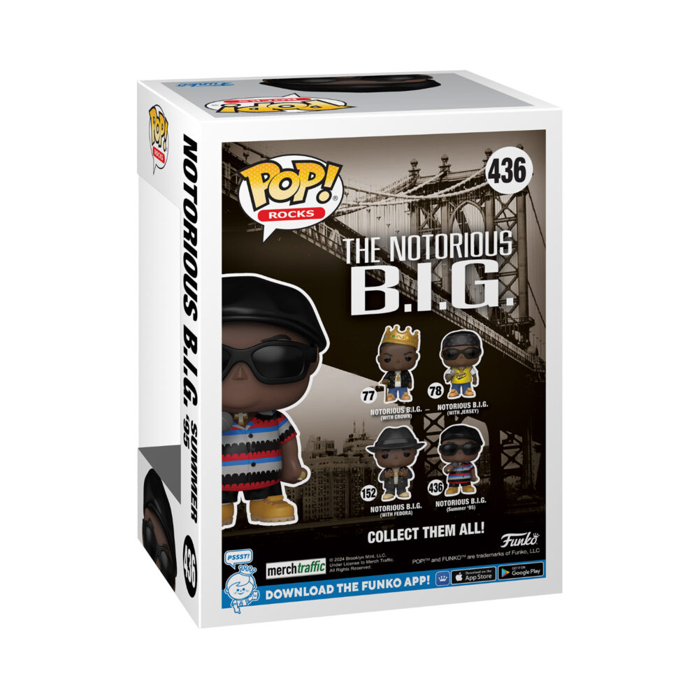 Back view of the Notorious B.I.G. Summer '95 collectible Funko Pop Vinyl Figure #436 packaging, showcasing box details.