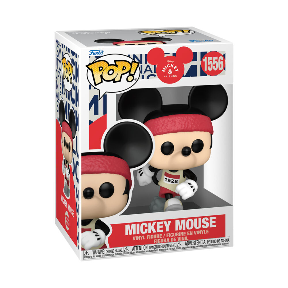 Front view of Funko Pop Mickey Mouse in Marathon Outfit #1556 figure from Disney Mickey & Friends inside its original packaging