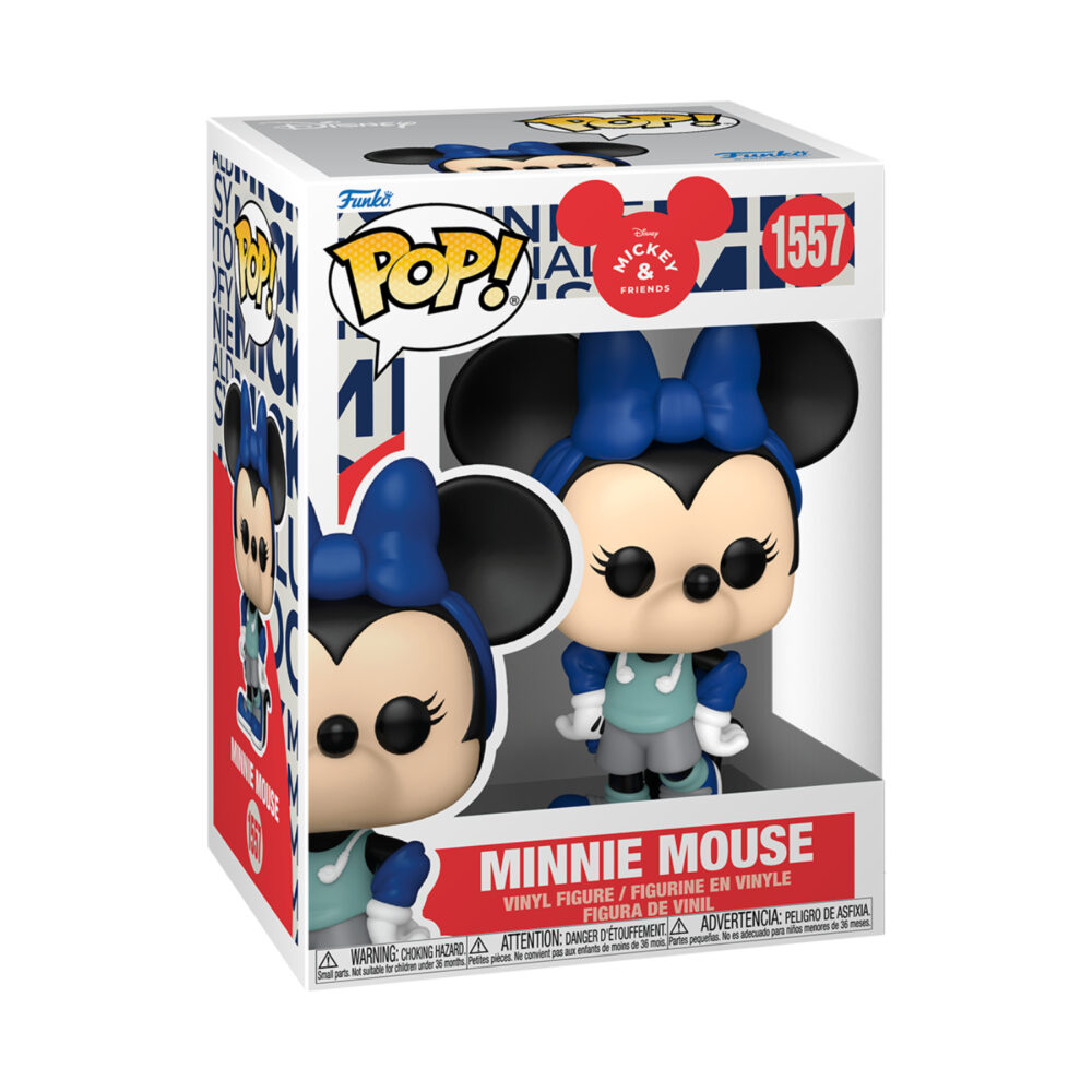 Front view of Funko Pop Minnie Mouse in Workout Outfit #1557 figure from Disney Mickey & Friends inside its original packaging