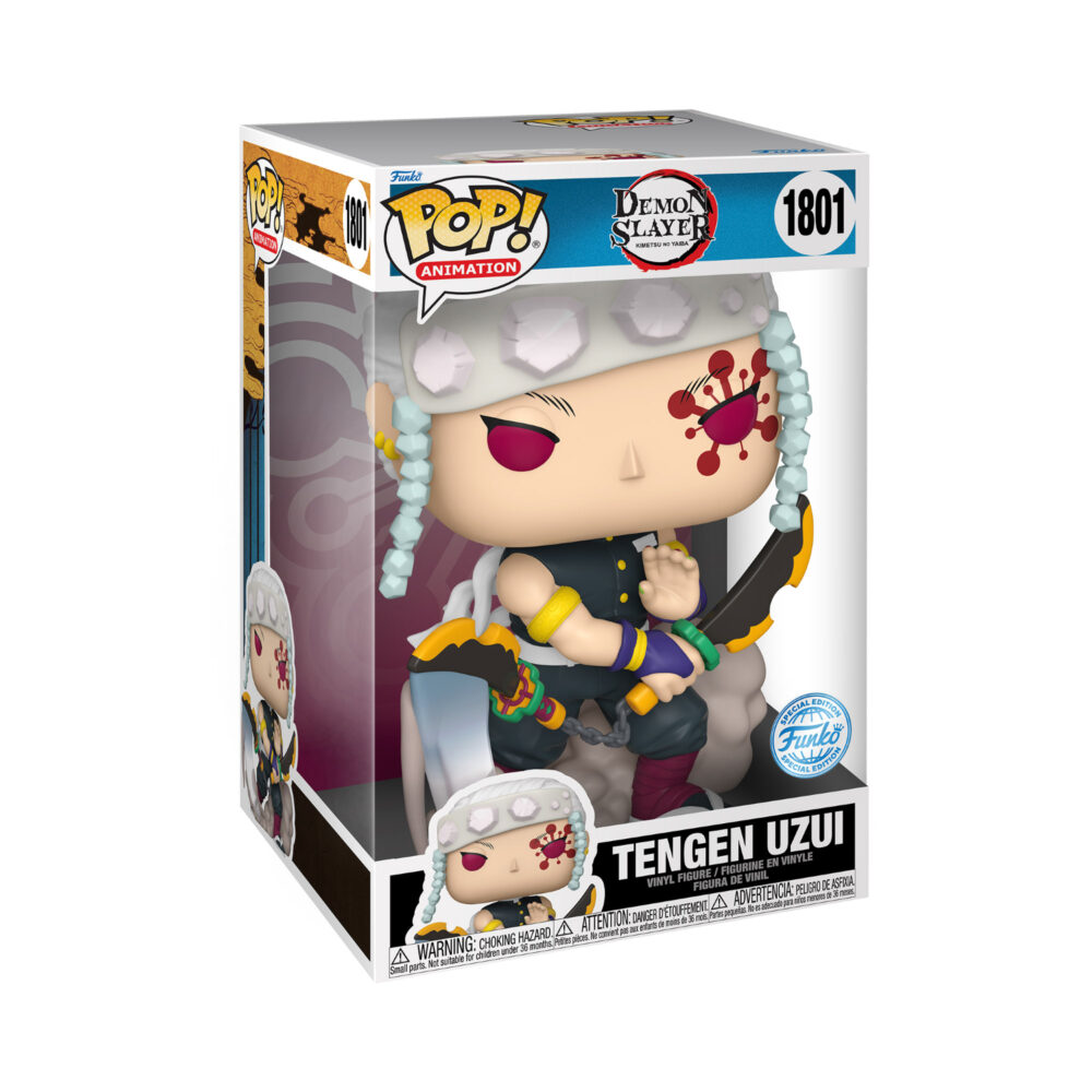 Front view of Funko Pop Jumbo Tengen Uzui #1801 figure from Demon Slayer inside its original packaging