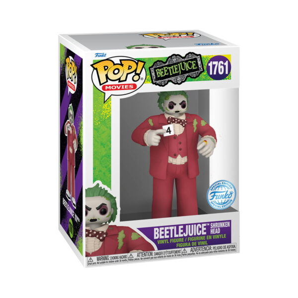 Front view of the Beetlejuice Shrunken Head collectible Funko Pop Vinyl Figure #1761 in original packaging.