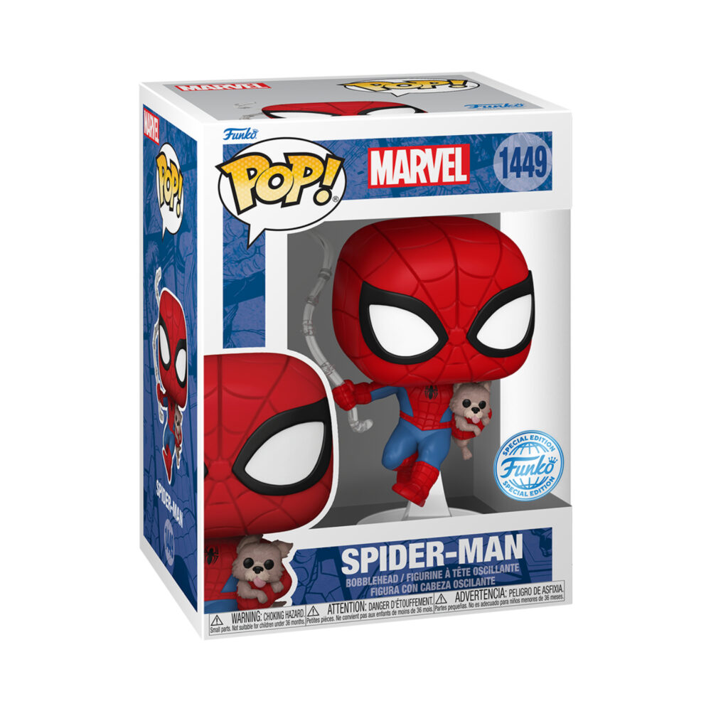 Front view of the Spider-Man and Sandwich Funko Pop Vinyl Bobble Head in its window display box.