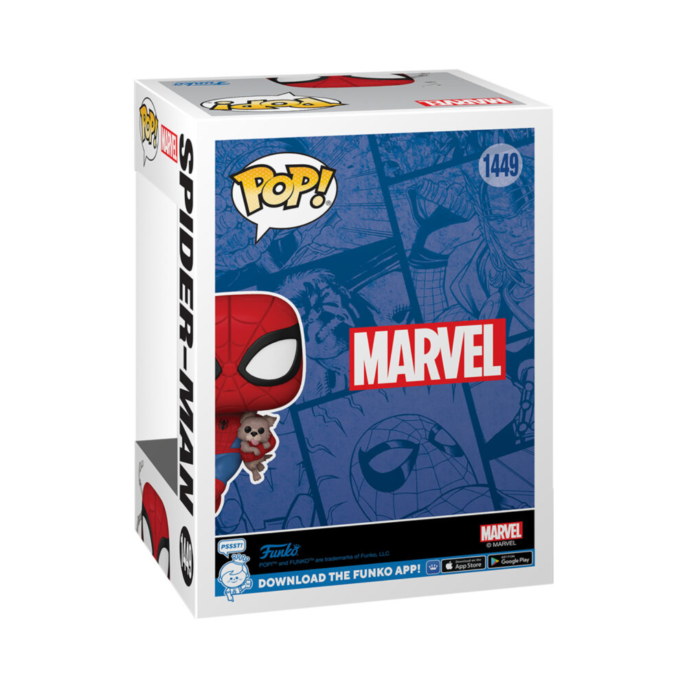 Back profile of the Spider-Man and Sandwich Funko Pop box highlighting the action pose and Sandwich’s playful look.