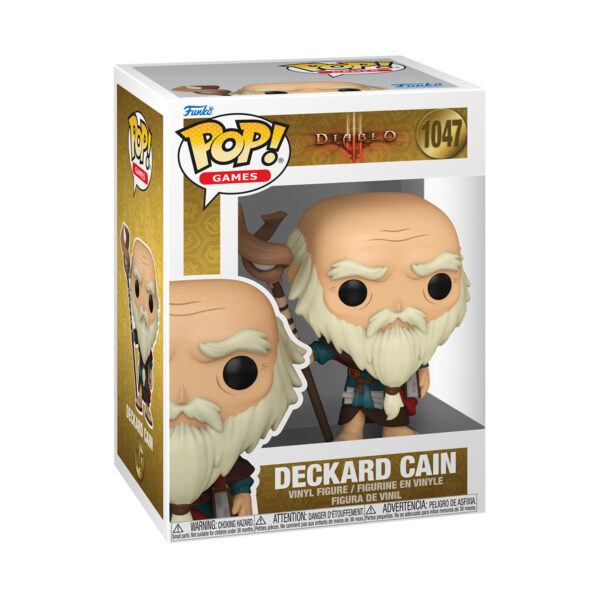 Front view of the Diablo III Deckard Cain Funko Pop collectable, Games Vinyl Figure #1047, in its original packaging.