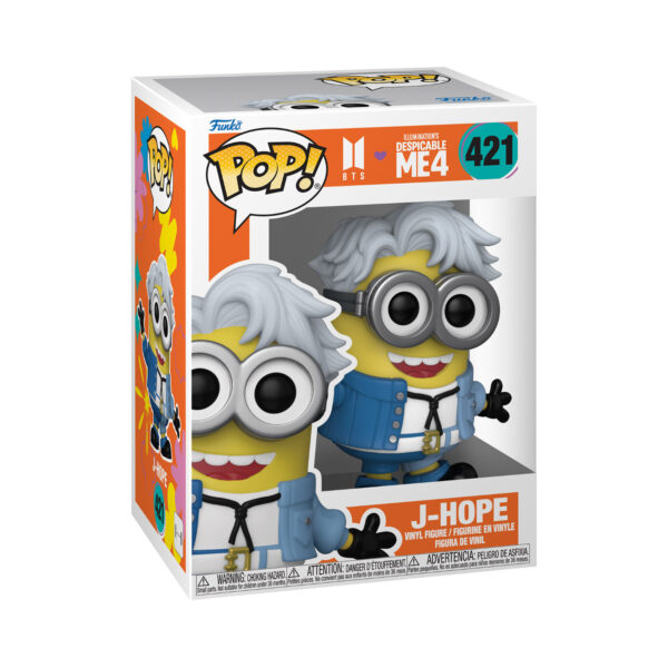 Front view of the J-Hope Minion Funko Pop Vinyl Figure in its window display box, showcasing its vibrant and playful design.