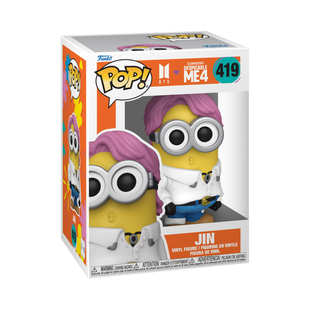 Front view of Jin Minion Funko Pop Vinyl Figure in a durable window display box.