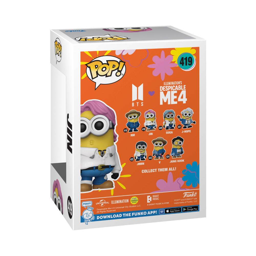 Jin Minion Funko Pop Vinyl Figure styled as a BTS member inspired by Despicable Me 4.