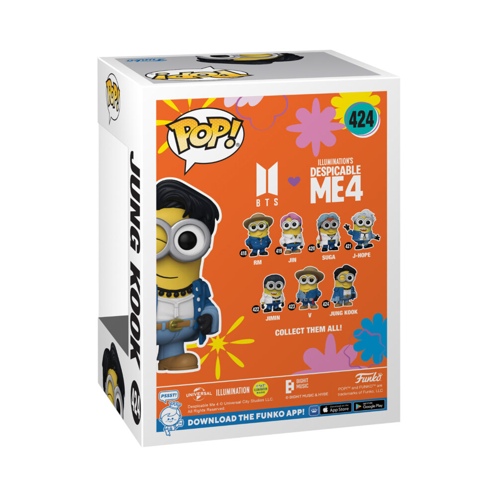 Back view of the Jung Kook Minion Funko Pop Vinyl Figure in its window display box, highlighting the packaging and product details.