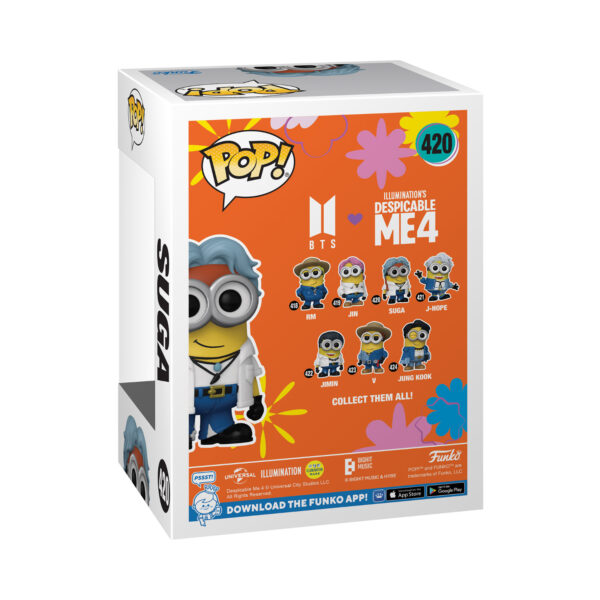 Back view of the Suga Minion Funko Pop Vinyl Figure in its window display box, showcasing packaging details.