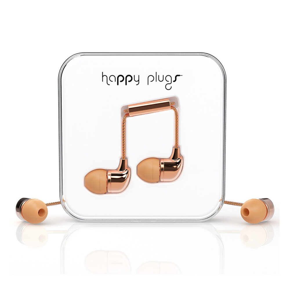Universal Rose Gold Happy Plugs In Ear Earphones 3.5mm Aux Connector plus Mic and Remote