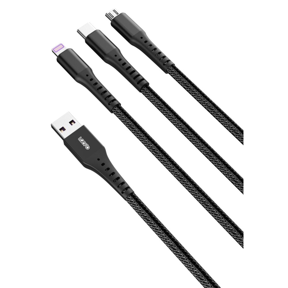 The LOOPD 3 In 1 Multi Cable offers a Micro USB, Lightning and Type-C connector. Data transfer available on the Type-C connector.