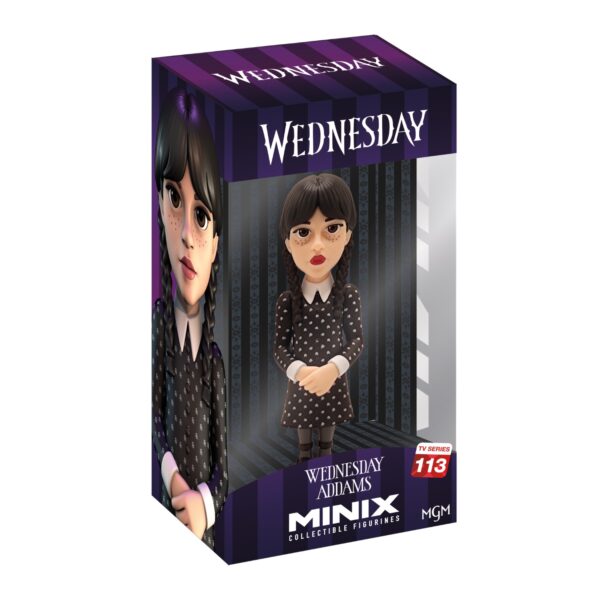 Front view of Wednesday Addams MINIX TV Series Collectible Figurine in packaging