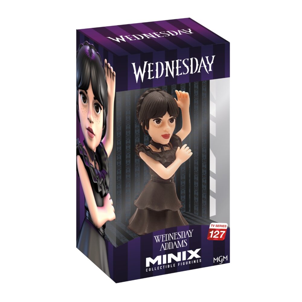 View of the packaging for the Wednesday Addams Minix Figurine, featuring window display box design with clear packaging for protection.