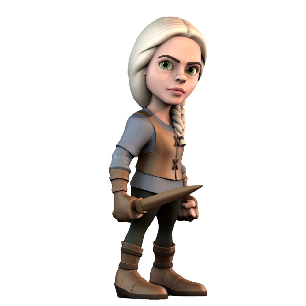 Front view of the Ciri Minix Figurine, showcasing her sword, outfit, and determined expression.