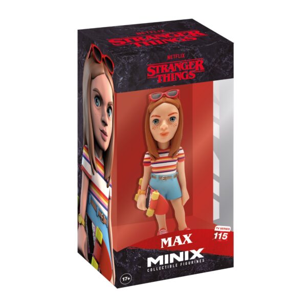 View of the packaging for the Max Minix Figurine, featuring window display box design with clear packaging for protection.