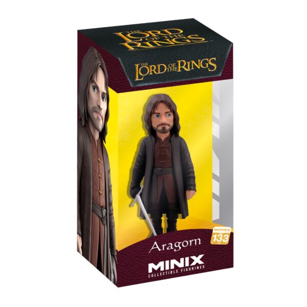 View of the packaging for the Aragorn Minix Figurine, featuring window display box design with clear packaging for protection.