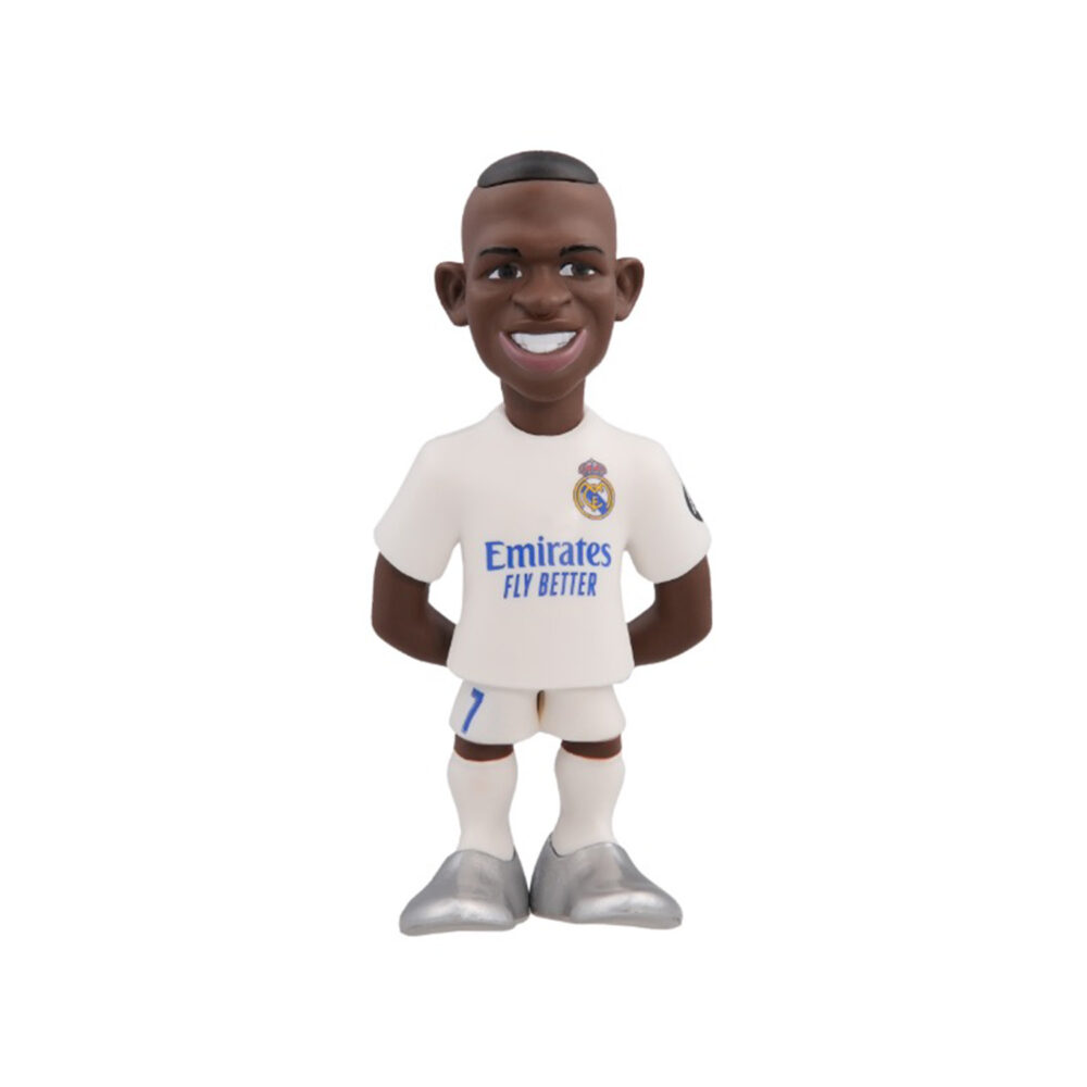 Front view of the Vinicius Minix Figurine in Real Madrid kit, showcasing detailed design and dynamic action pose.