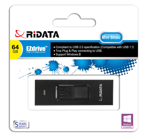 Ridata USB Mini Slider 64GB Storage Drive Memory Stick Black