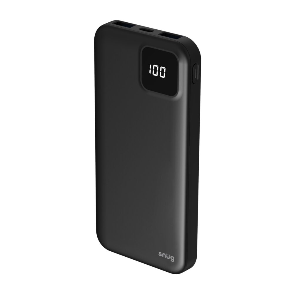 Tilted view 2 of snug power bank 10000mAh in black showing ports and digital LED power display – ideal for light daily portable charging.